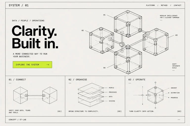 Technical line drawing of site concept — Script & Theory concept, not client work