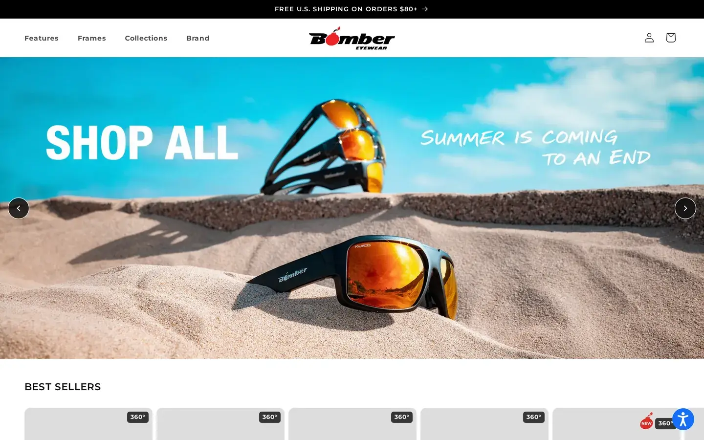 Bomber Eyewear — actual live website homepage
